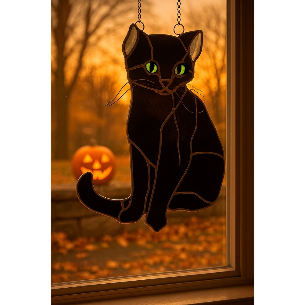 🐾 Vintage Burmese Black Cat Stained Glass Suncatcher – Green Eyes Artisan 1970s - Picture 2 of 10